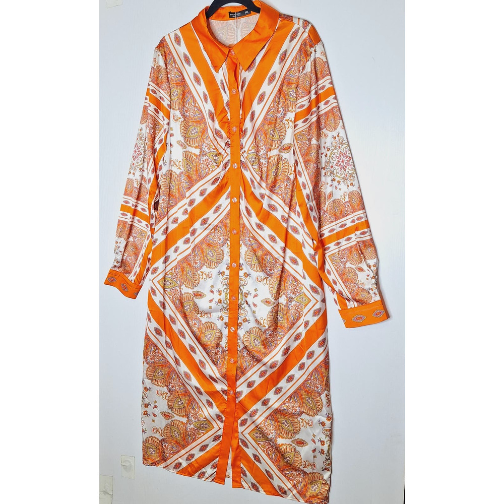 Paisley Silky Satin Midi Shirt Dress 3XL Gold Orange Collared Long Sleeve Shein